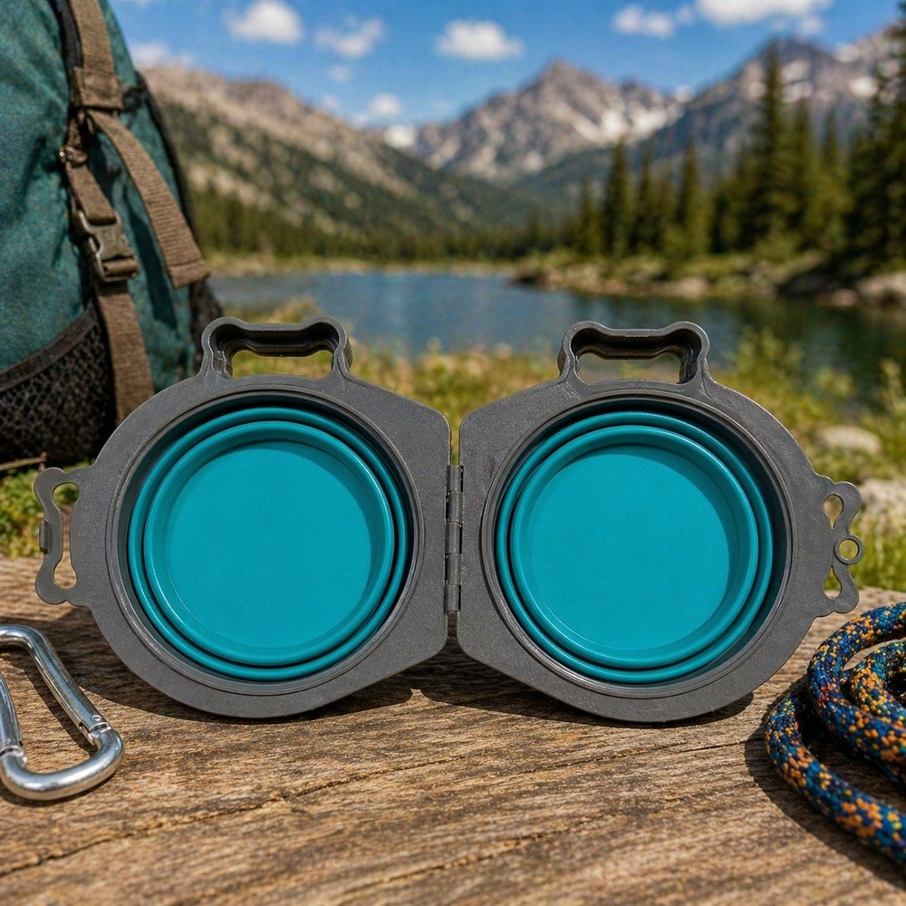 Collapsible Double Dog‎ Travel Bowl Portable Silicone Pet Feeder Grey Teal